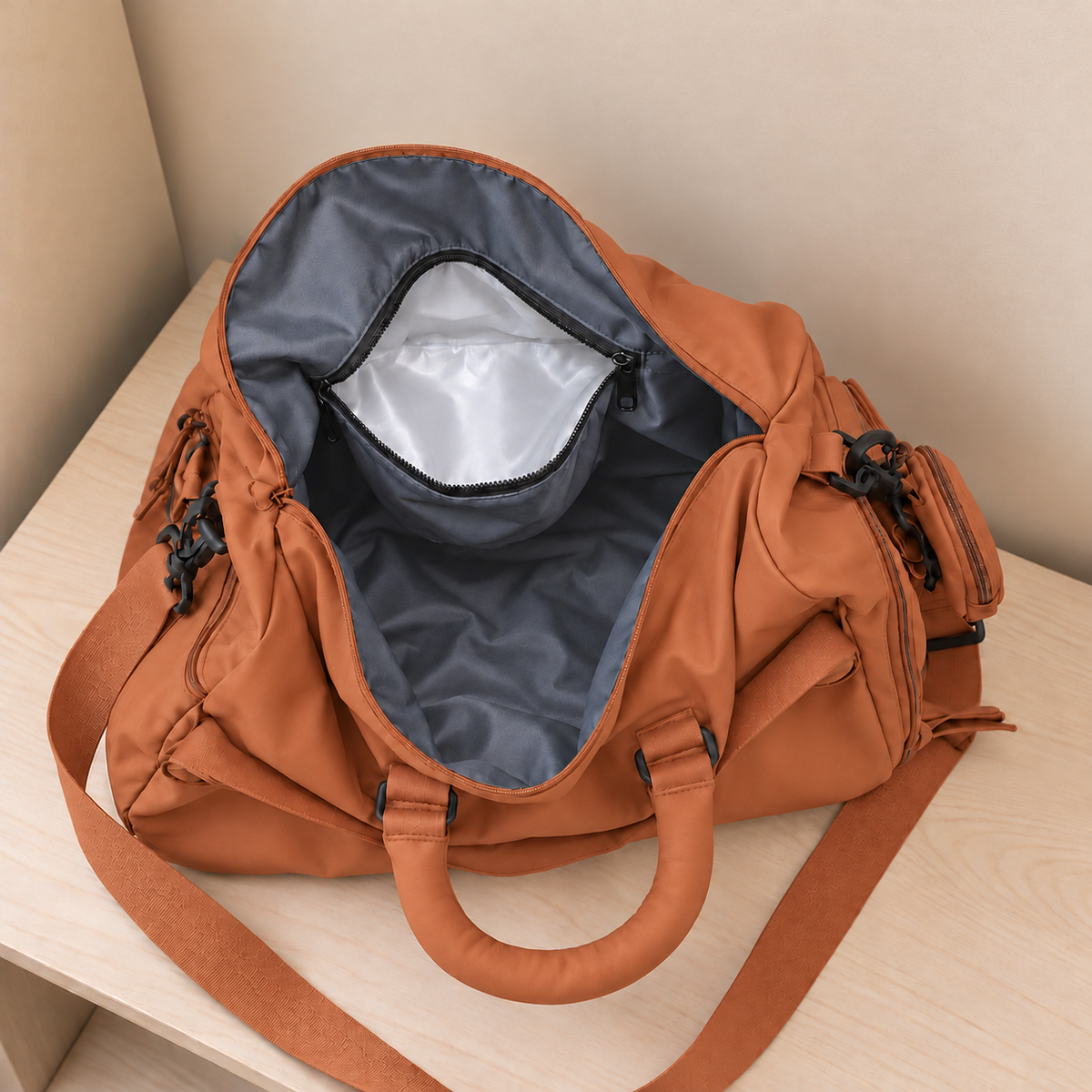 Clean clothes in the main compartment