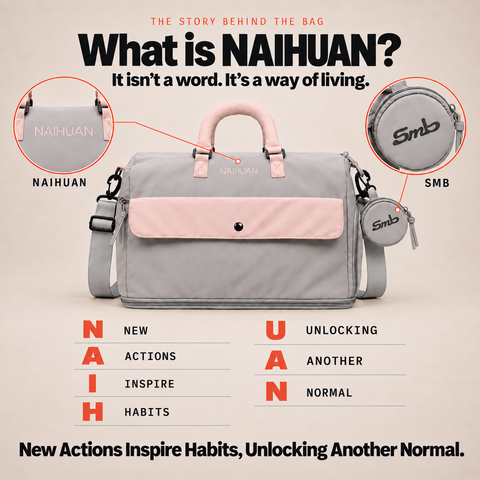 Grey-Pink — NAIHUAN Sports Duffel Bag, the NAIHUAN and SMB marks: embossed wordmark on the strap tab, Smb wordmark on the detachable round pouch