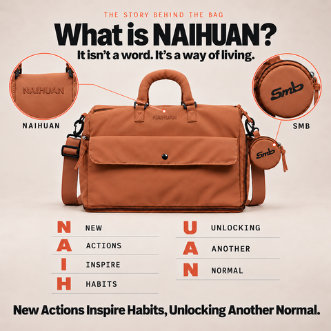 Orange — NAIHUAN Sports Duffel Bag, the NAIHUAN and SMB marks: embossed wordmark on the strap tab, Smb wordmark on the detachable round pouch