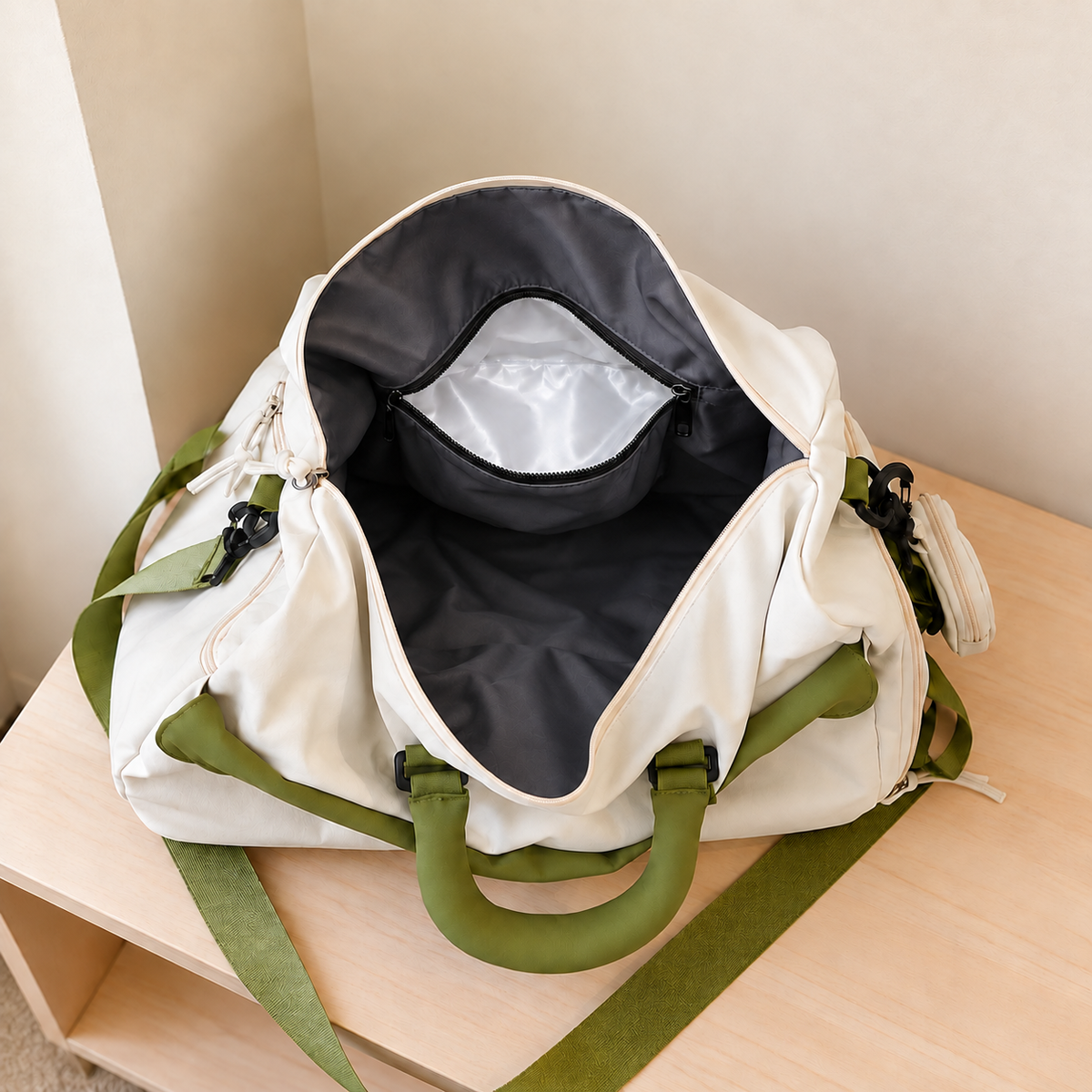 White-Green — Sports Duffel Bag, looking down into the open main compartment showing the lined interior and internal pockets