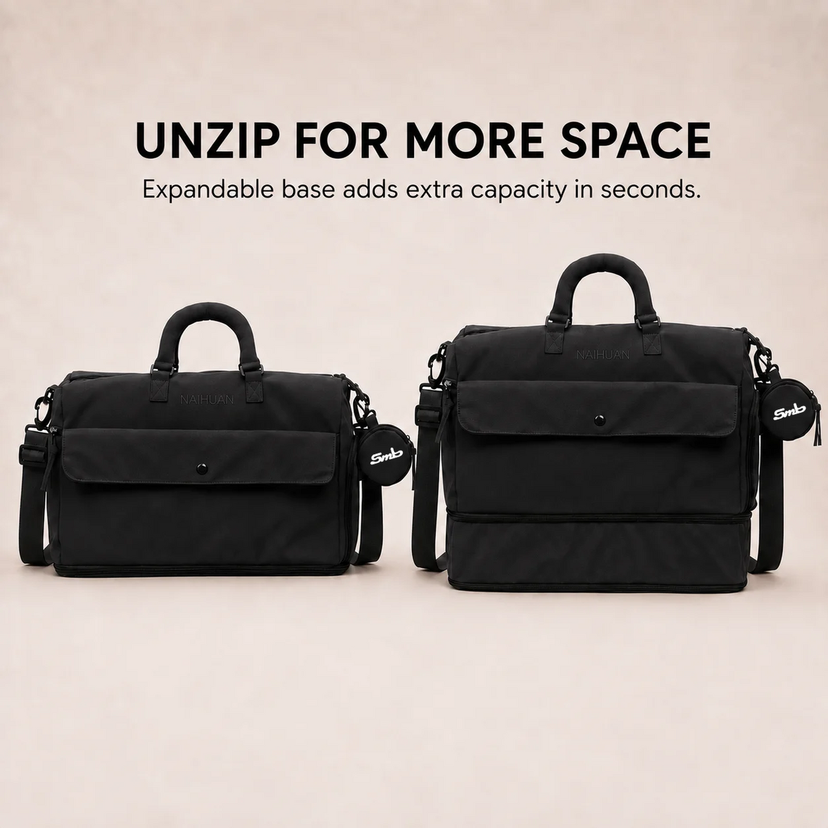 Black — Sports Duffel Bag, unzip for more space: the expandable base adds extra capacity in seconds