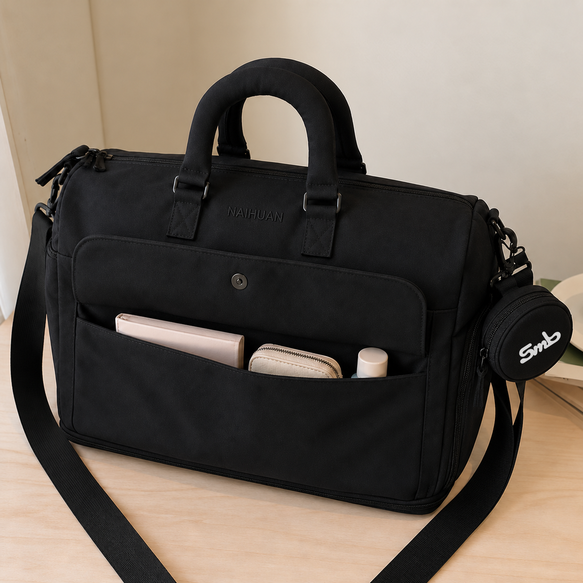 Black — Sports Duffel Bag, front flap pocket open with a notebook, wallet and small case inside