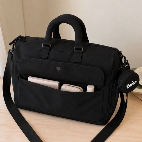 Black — Sports Duffel Bag, front flap pocket open with a notebook, wallet and small case inside