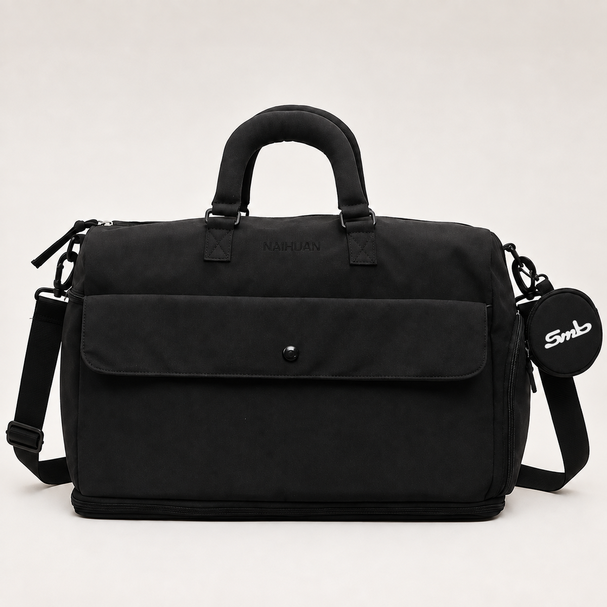 Black — Sports Duffel Bag, front view with the detachable round pouch clipped to the strap