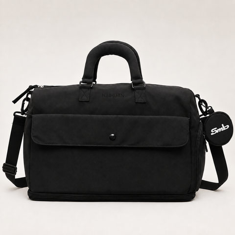 Black — Sports Duffel Bag, front view with the detachable round pouch clipped to the strap