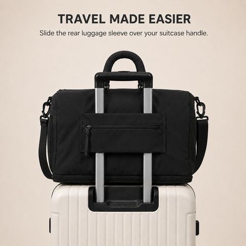 Black — Sports Duffel Bag on a suitcase, the rear luggage sleeve slides over a suitcase handle