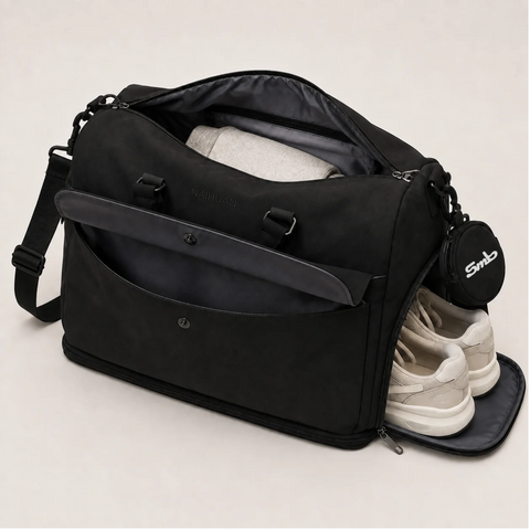 Black — Sports Duffel Bag, main compartment packed and side shoe compartment open with trainers inside