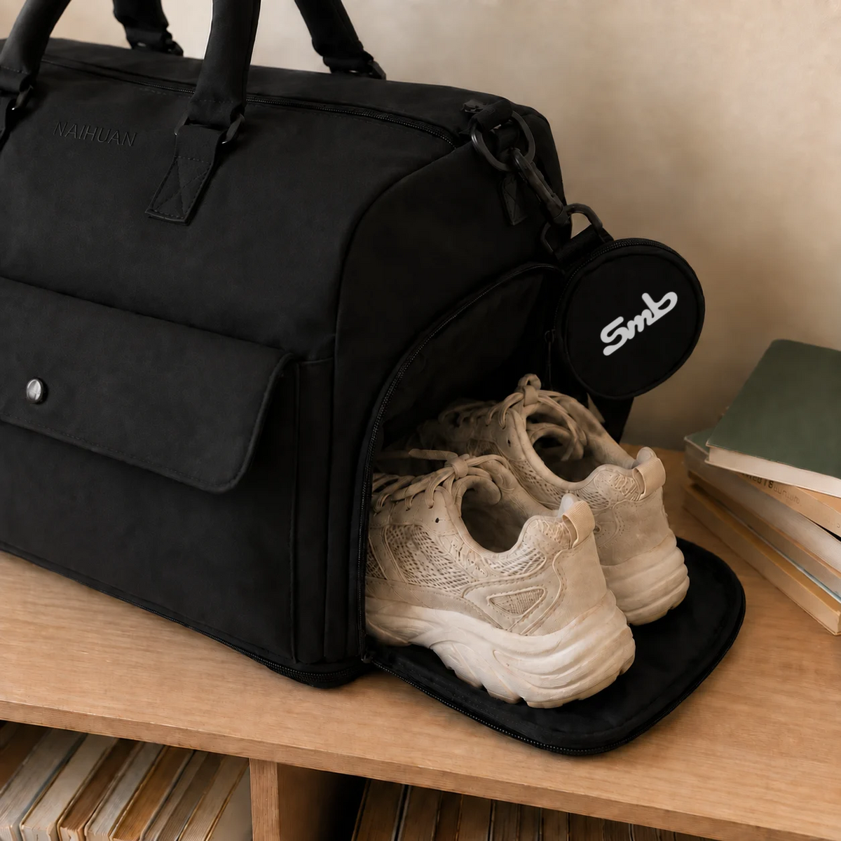 Black — Sports Duffel Bag on a shelf, side shoe compartment open with trainers stowed away from the main compartment