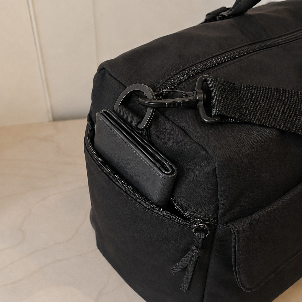 Black — Sports Duffel Bag, close-up of the snap-front pocket, zip pull and round pouch