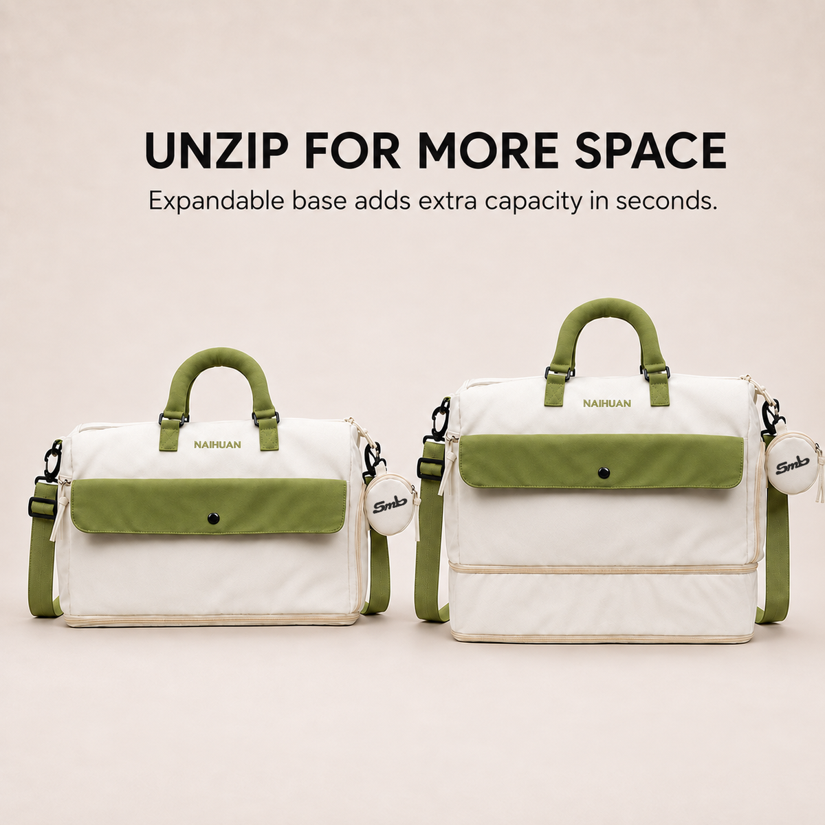 White-Green — Sports Duffel Bag, unzip for more space: the expandable base adds extra capacity in seconds