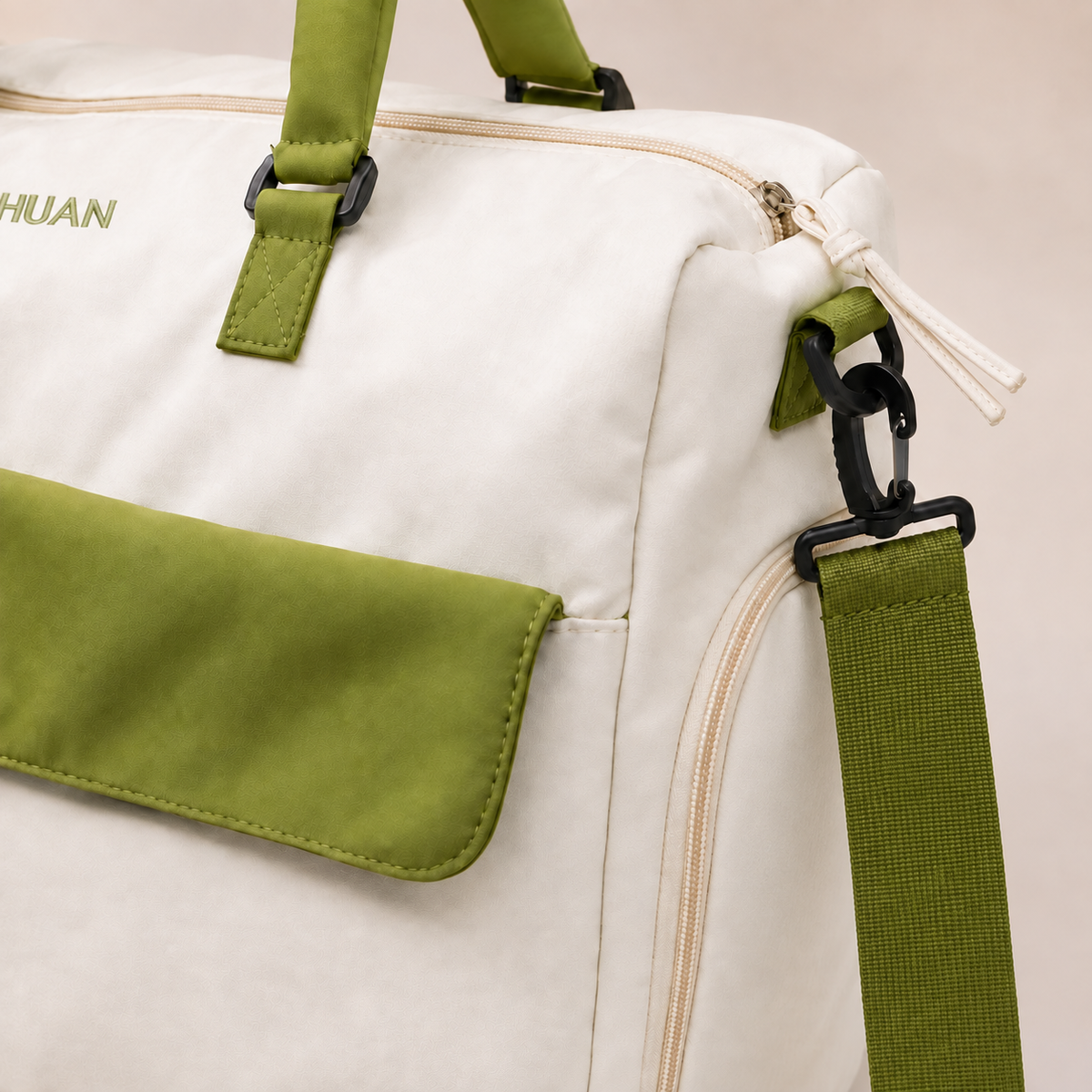White-Green — Sports Duffel Bag, close-up of the front flap pocket and webbing shoulder strap