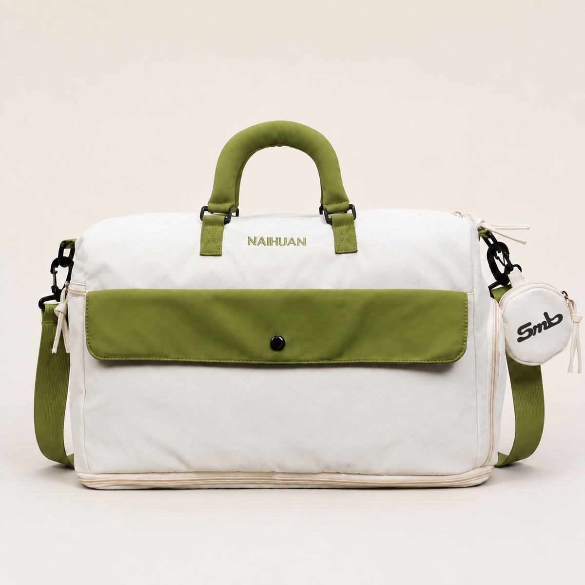 White-Green — Sports Duffel Bag, front view with the detachable round pouch clipped to the strap