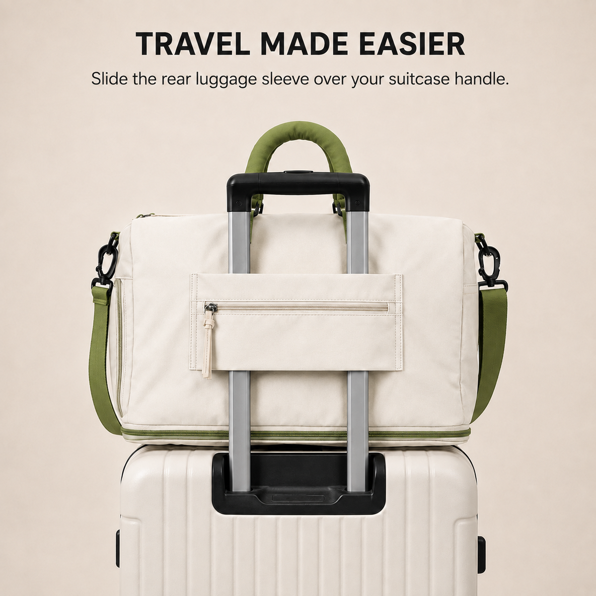 White-Green — Sports Duffel Bag on a suitcase, the rear luggage sleeve slides over a suitcase handle