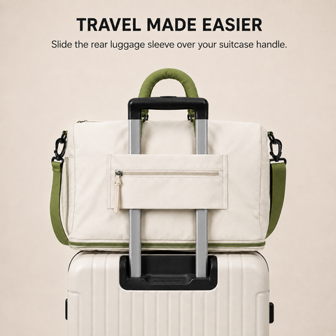 White-Green — Sports Duffel Bag on a suitcase, the rear luggage sleeve slides over a suitcase handle