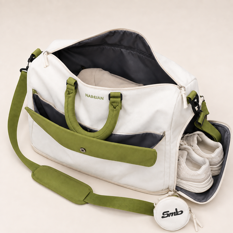 White-Green — Sports Duffel Bag, main compartment open and side shoe compartment unzipped with trainers inside