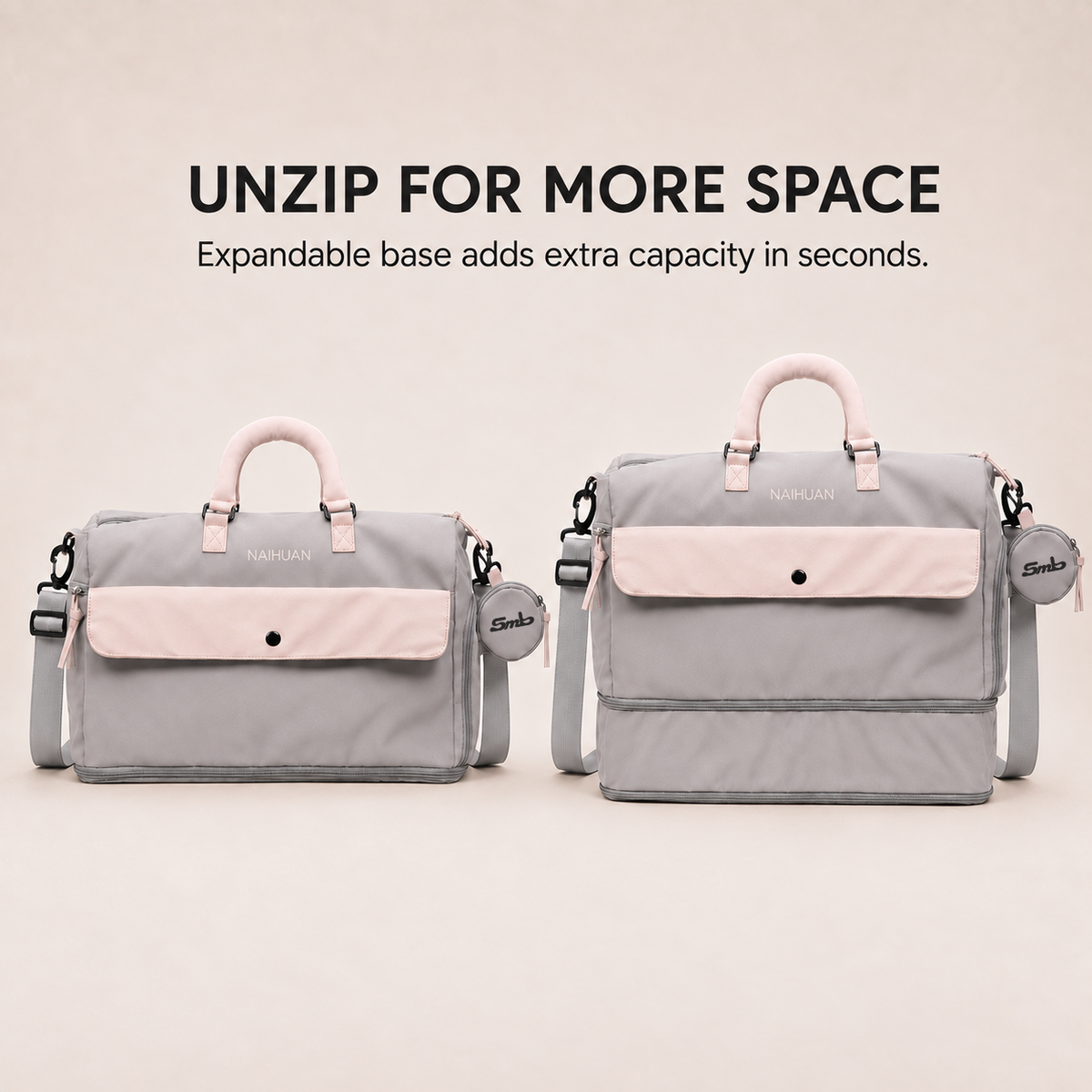 Grey-Pink — Sports Duffel Bag, unzip for more space: the expandable base adds extra capacity in seconds