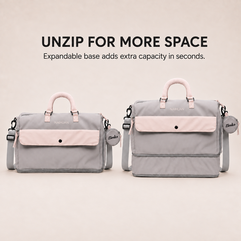 Grey-Pink — Sports Duffel Bag, unzip for more space: the expandable base adds extra capacity in seconds