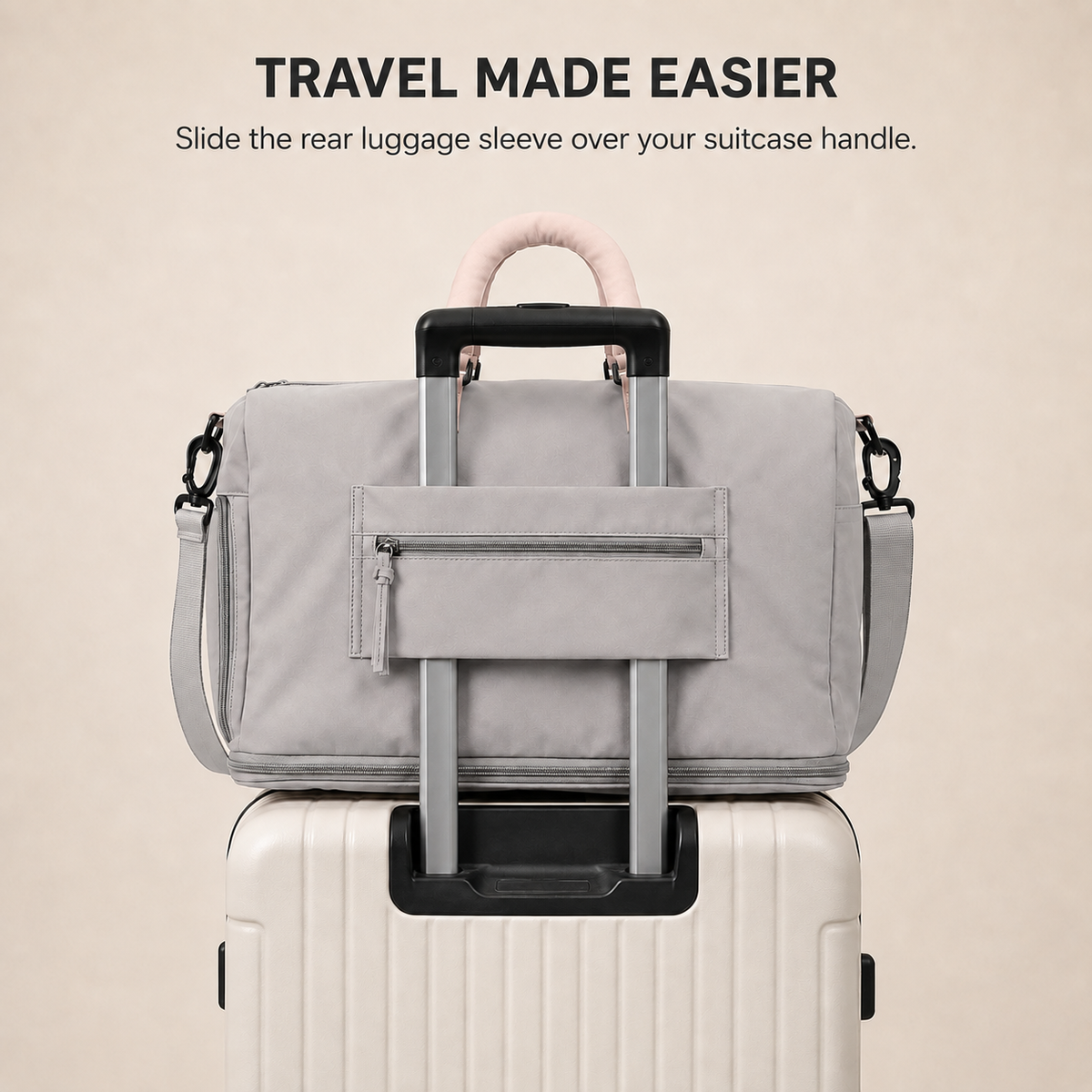 Grey-Pink — Sports Duffel Bag on a suitcase, the rear luggage sleeve slides over a suitcase handle