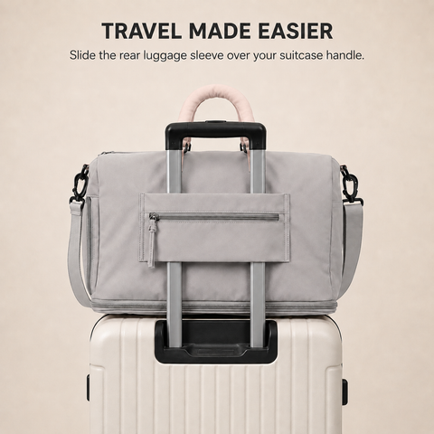 Grey-Pink — Sports Duffel Bag on a suitcase, the rear luggage sleeve slides over a suitcase handle