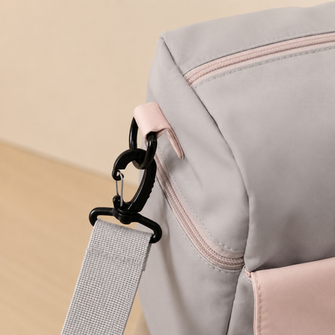 Grey-Pink — Sports Duffel Bag, close-up of the webbing shoulder strap and swivel clip