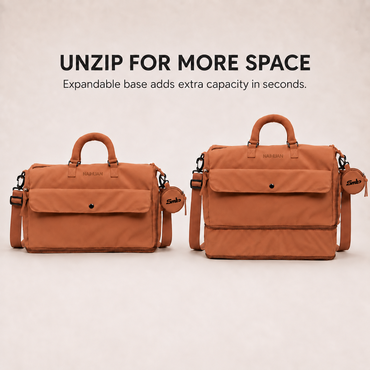 Orange — Sports Duffel Bag, unzip for more space: the expandable base adds extra capacity in seconds