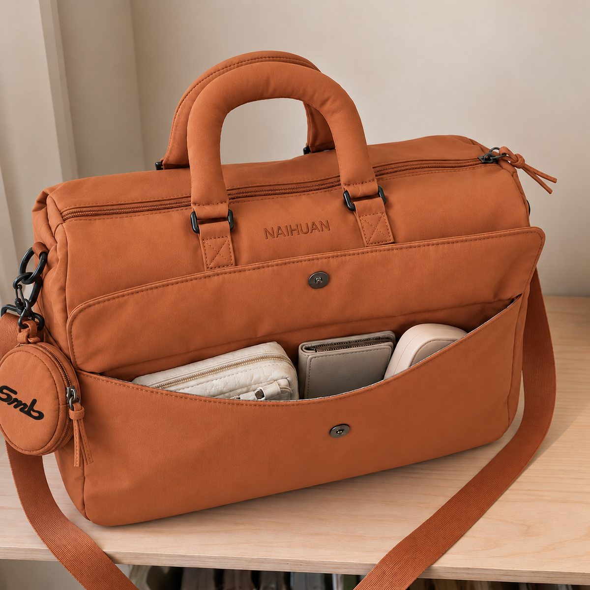 Orange — Sports Duffel Bag, front flap pocket open with a zip pouch, wallet and small case inside