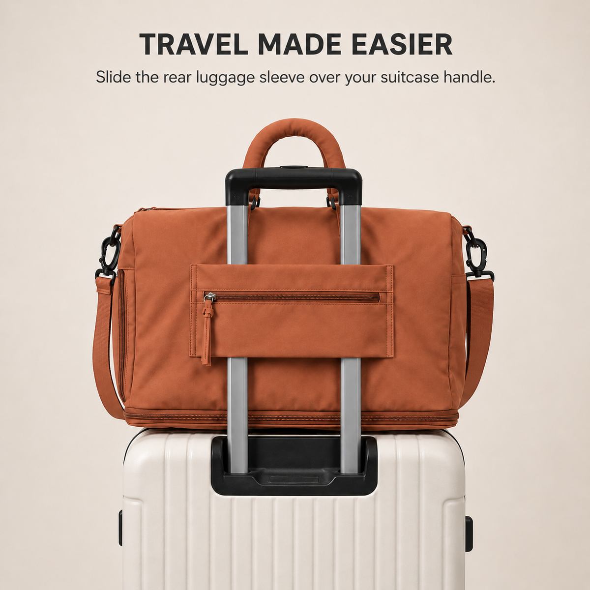 Orange — Sports Duffel Bag on a suitcase, the rear luggage sleeve slides over a suitcase handle