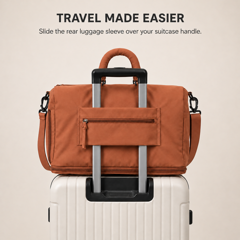 Orange — Sports Duffel Bag on a suitcase, the rear luggage sleeve slides over a suitcase handle