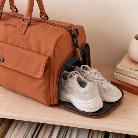 Orange — Sports Duffel Bag, side shoe compartment unzipped with a pair of trainers inside