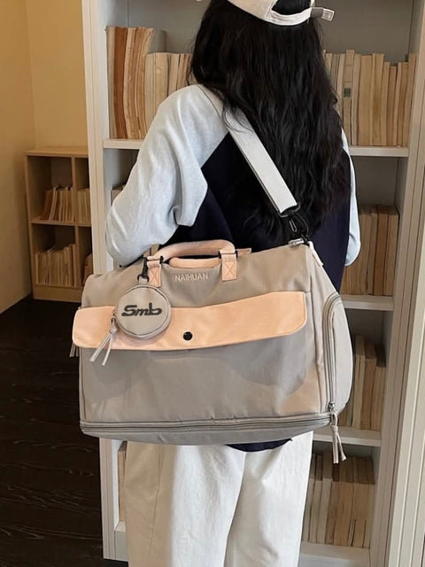 Grey-Pink — Sports Duffel Bag, front flap pocket open with a zip pouch, wallet and small 