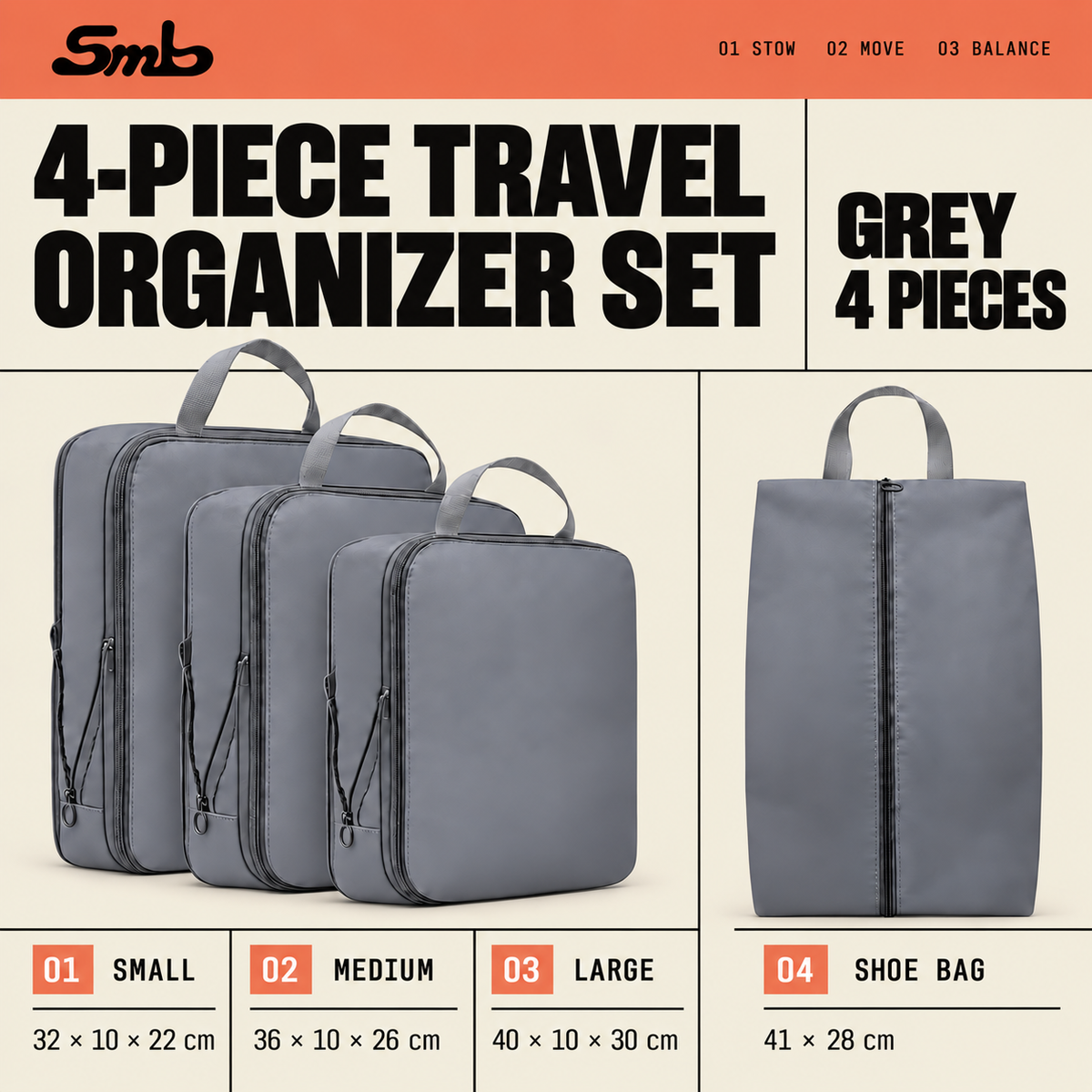 Free gift: 4-piece organizer set in grey — three packing cubes and a shoe bag