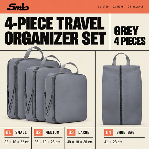 Free gift: 4-piece organizer set in grey — three packing cubes and a shoe bag