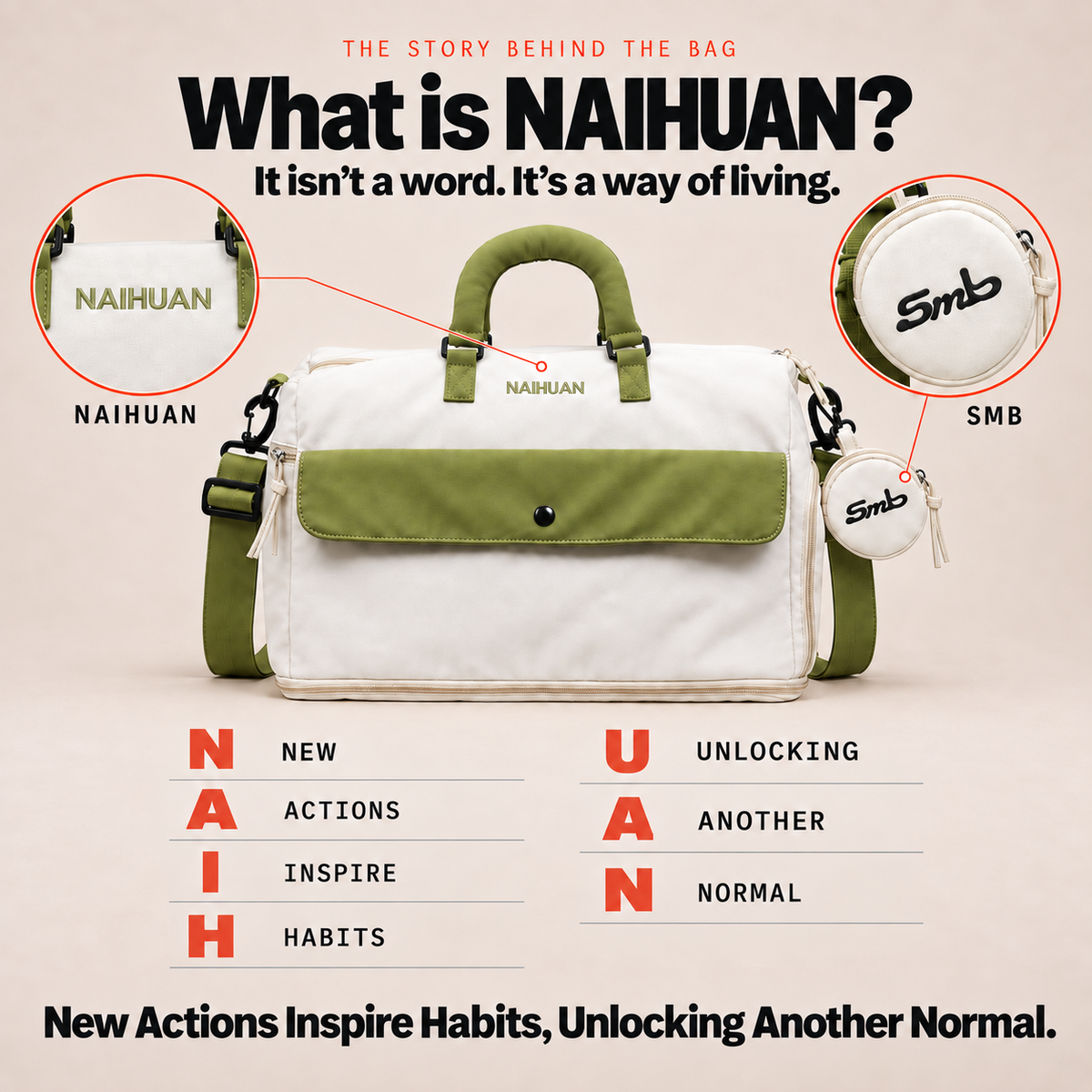 White-Green — NAIHUAN Sports Duffel Bag, the NAIHUAN and SMB marks: embossed wordmark on the strap tab, Smb wordmark on the detachable round pouch